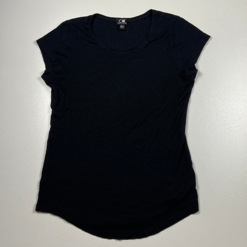 Cable & Gauge Ribbed Short Sleeve Scoop Neck Curved Hem Top Size M Black Shirt